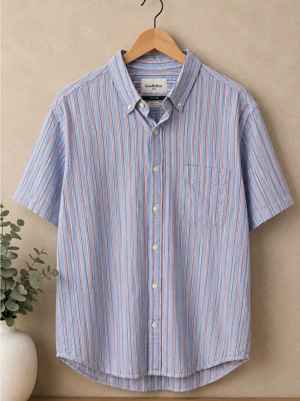 Goodfellow & Co Men’s XL Blue Red Stripe Button Front Short Sleeve Shirt